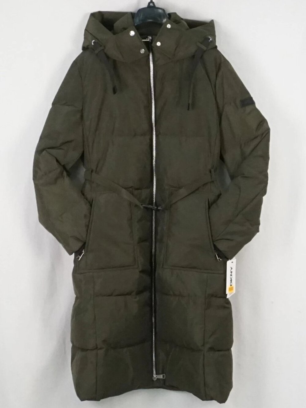 DKNY Long Belted Hooded Puffer Zip Pockets Warm Work School Travel Office Winter
